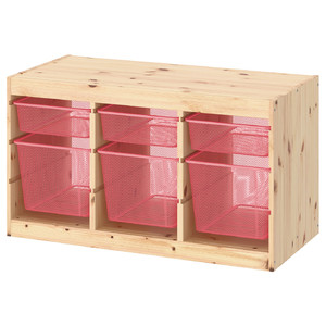 TROFAST Storage combination with boxes, light white stained pine/light red, 93x44x52 cm