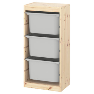 TROFAST Storage combination with boxes, light white stained pine, gray, 44x30x91 cm