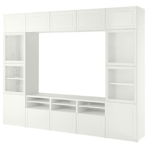 BESTÅ TV storage combination/glass doors, white Smeviken/Ostvik white clear glass, 300x42x231 cm