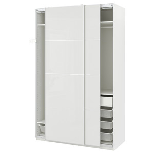 PAX / HOKKSUND Wardrobe combination, white/high-gloss light grey, 150x66x236 cm