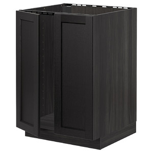 METOD Base cabinet for sink + 2 doors, black/Lerhyttan black stained, 60x60 cm