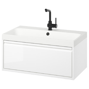 ÄNGSJÖN / BACKSJÖN Wash-stnd w drawer/wash-basin/tap, high-gloss white, 80x48x39 cm