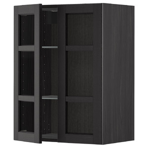 METOD Wall cabinet w shelves/2 glass drs, black/Lerhyttan black stained, 60x80 cm