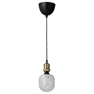 JÄLLBY / MOLNART Pendant lamp with light bulb, brass-plated/tube-shaped white/clear glass