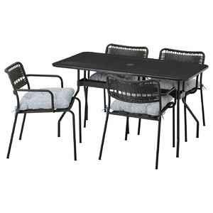 VIHOLMEN / LÄCKÖ Table+4 chairs w armrests, outdoor, dark grey/Klösan blue