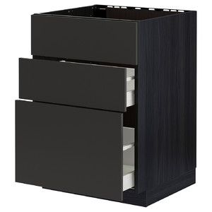 METOD / MAXIMERA Base cab f sink+3 fronts/2 drawers, black/Nickebo matt anthracite, 60x60 cm