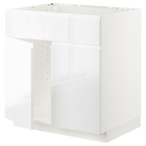 METOD Base cabinet f sink w 2 doors/front, white/Voxtorp high-gloss/white, 80x60 cm