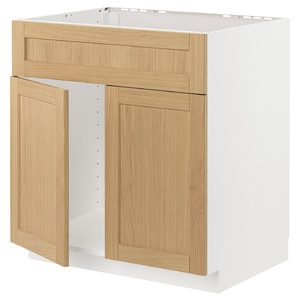 METOD Base cabinet f sink w 2 doors/front, white/Forsbacka oak, 80x60 cm