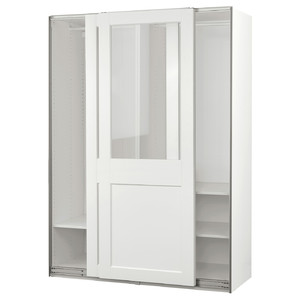 PAX / GRIMO Wardrobe with sliding doors, white/clear glass white, 150x66x201 cm