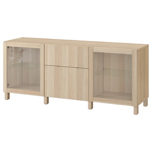 BESTÅ Storage combination with drawers, white stained oak effect Lappviken, Sindvik/Stubbarp white stained oak eff clear glass, 180x42x74 cm