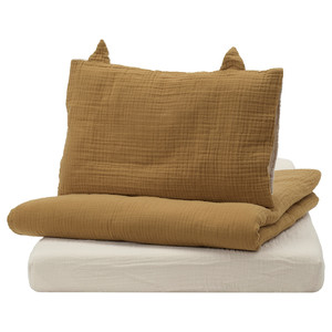 GULDVÄVARE 3-piece bedlinen set for cot, dark yellow/beige, 60x120 cm
