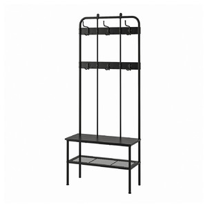NIPÅSEN Coat rack and bench w shoe storage, black, 190x35x79 cm