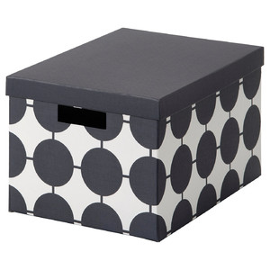 TJENA Storage box with lid, white black/dotted, 25x35x20 cm