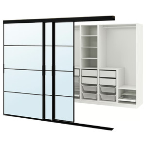 PAX/SKYTTA Walk-in wardrobe with sliding doors, black/Auli mirror glass, 276x160x205 cm