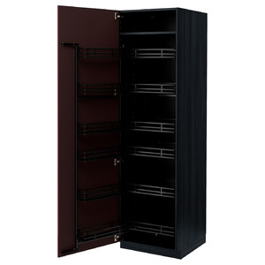 METOD High cabinet with pull-out larder, black Kallarp/high-gloss dark red-brown, 60x60x200 cm