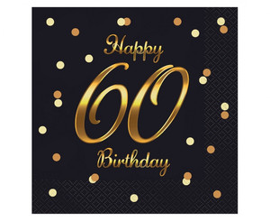 Napkins Happy 60 Birthday, black/gold, 33x33cm, 20pcs