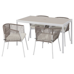 SEGERÖN Table + 4 chairs with armrests, outdoor white/beige/Frösön/Duvholmen beige, 147 cm