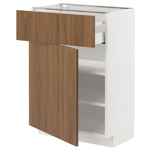 METOD/MAXIMERA Base cabinet with drawer/door, white/Tistorp brown walnut effect, 60x37 cm