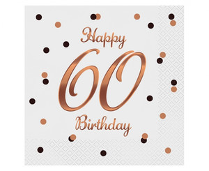Napkins Happy 60 Birthday, white/rose-gold, 33x33cm, 20pcs