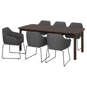 STRANDTORP / TOSSBERG Table and 6 chairs, brown/metal black/grey, 150/205/260 cm