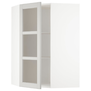 METOD Corner wall cab w shelves/glass dr, white/Lerhyttan light grey, 68x100 cm