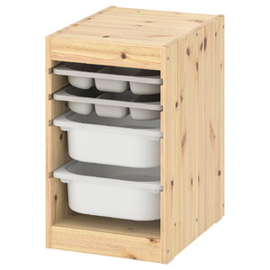 TROFAST Storage combination w boxes/trays, light white stained pine grey/white, 32x44x52 cm