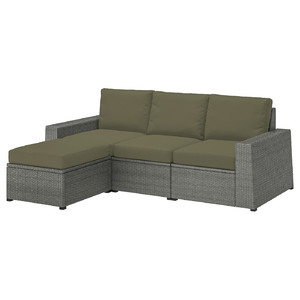 SOLLERÖN 3-seat modular sofa, outdoor, with footstool dark grey/Frösön/Duvholmen dark beige-green, 223x144x88 cm