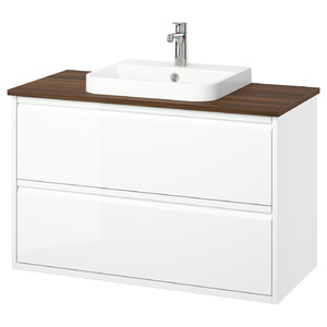 ÄNGSJÖN / BACKSJÖN Wash-stnd w drawers/wash-basin/tap, high-gloss white/brown walnut effect, 102x49x71 cm