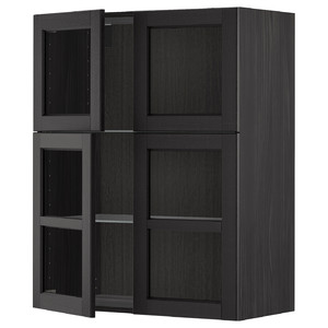 METOD Wall cabinet w shelves/4 glass drs, black/Lerhyttan black stained, 80x100 cm