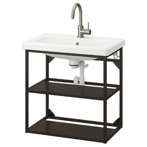 ENHET / TVÄLLEN Open wash-stand with 2 shelves, anthracite, Glypen tap, 64x43x65 cm