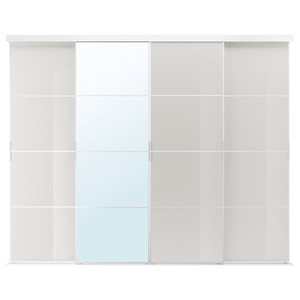 SKYTTA / HOKKSUND/AULI Sliding door combination, aluminium/high-gloss light grey mirror glass, 301x240 cm