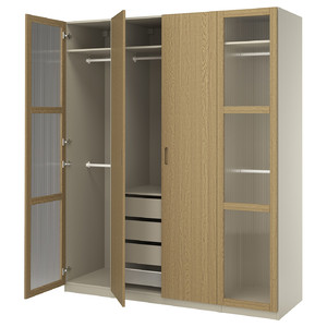 PAX / TONSTAD Wardrobe combination, grey-beige/oak veneer glass, 200x60x236 cm