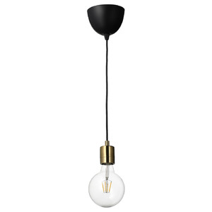 SKAFTET / LUNNOM Pendant lamp with light bulb, brass-plated/clear glass