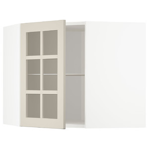METOD Corner wall cab w shelves/glass dr, white/Stensund beige, 68x60 cm