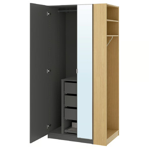 PAX / FORSAND/ÅHEIM Wardrobe combination, dark grey dark grey/mirror glass oak effect, 95x60x201 cm