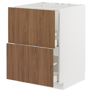 METOD/MAXIMERA Base cab f sink+2 fronts/2 drawers, white/Tistorp brown walnut effect, 60x60 cm