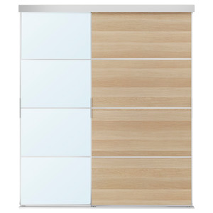 SKYTTA / MEHAMN/AULI Sliding door combination, aluminium double sided/white stained oak effect mirror glass, 177x205 cm