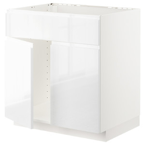 METOD Base cabinet f sink w 2 doors/front, white/Voxtorp high-gloss/white, 80x60 cm