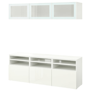 BESTÅ TV storage combination/glass doors, white/Selsviken high-gloss/white frosted glass, 180x42x192 cm