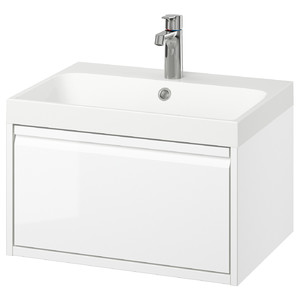 ÄNGSJÖN / BACKSJÖN Wash-stnd w drawer/wash-basin/tap, high-gloss white, 60x48x39 cm