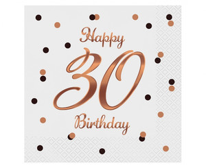 Napkins Happy 30 Birthday, white/rose-gold, 33x33cm, 20pcs