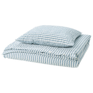 SMÅNUNNEÖRT Duvet cover and pillowcase, dark grey-blue white/striped, 150x200/50x60 cm