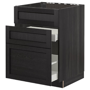METOD / MAXIMERA Base cab f sink+3 fronts/2 drawers, black/Lerhyttan black stained, 60x60 cm
