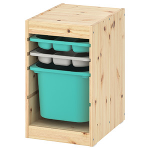 TROFAST Storage combination with box/trays, light white stained pine turquoise/grey, 32x44x52 cm