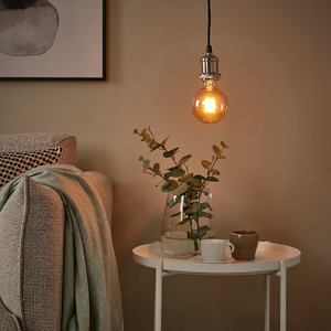 JÄLLBY / MOLNART Pendant lamp with light bulb, textile nickel-plated/globe brown clear glass