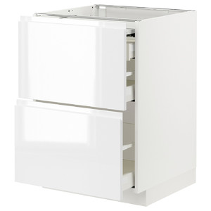 METOD / MAXIMERA Bc w pull-out work surface/3drw, white/Voxtorp high-gloss/white, 60x60 cm