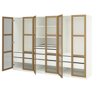 PAX / TONSTAD Wardrobe combination, white/oak veneer glass, 300x60x201 cm