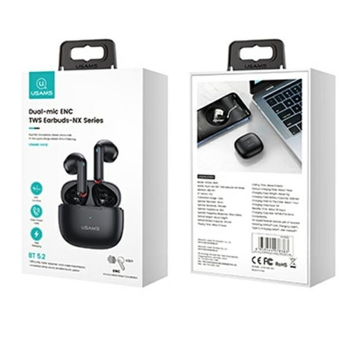USAMS Headphones Earphones Bluetooth  TW S 5.2 NX10 Dual Mic, black