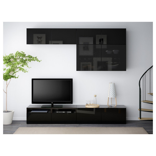 BESTÅ TV storage combination/glass doors, black-brown/Selsviken high-gloss/black smoked glass, 240x42x231 cm