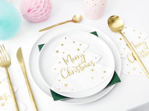 Christmas Paper Napkins, White with Gold Christmas Tree, Pack of 20